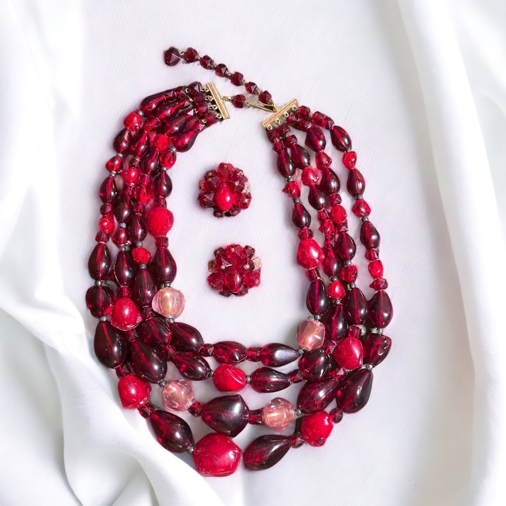 Vintage West Germany Red Lucite Necklace and Earring Set